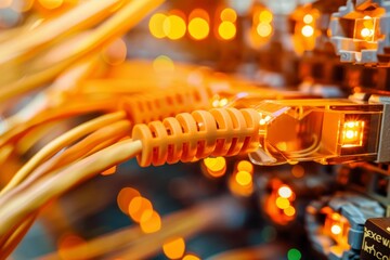 Poster - A close-up of orange-lit data cables connected to a networking hub reveals the intricate details of technology in a server room during the evening.