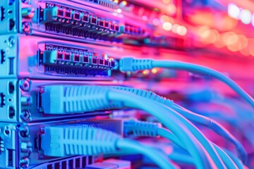 Poster - Colorful lights illuminate a data center where network cables are connected to servers, showcasing the intricate setup of modern computing technology.