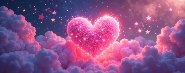 Wall Mural - Pink heart, sparkling clouds, colorful stars Dreamy, enchanted love , fantasy, adorable