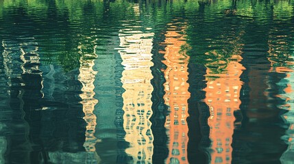 Wall Mural - Reflections of colorful buildings in a serene water surface during a sunny day.