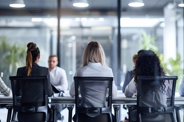 Poster - A group of business professionals sits facing a speaker during a meeting in a contemporary office. The atmosphere is focused and engaging, reflecting teamwork and collaboration.