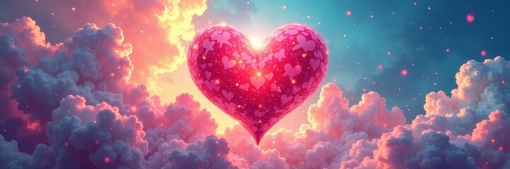 Wall Mural - Abstract colorful heart in dreamy cloudscape Valentine's Day , bright, ethereal