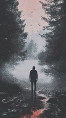 Poster - Solitude in Winter's Embrace: A Man Walks Alone Through a Snowy Forest