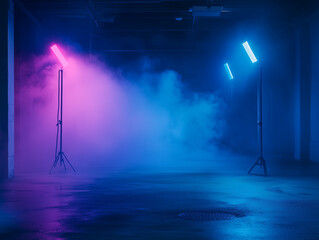 Poster - A dark, empty street with abstract blue asphalt serves as a backdrop for a studio room with neon lights, spotlights, and smoke, creating an interior texture for product displays