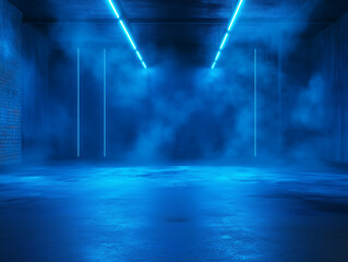 Poster - A dark, empty street with abstract blue asphalt serves as a backdrop for a studio room with neon lights, spotlights, and smoke, creating an interior texture for product displays