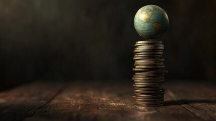 concept of a globe on a stack of coins, which shows that the earth is worth more than money, created with generative AI technology