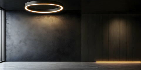 Poster - Modern Dark Interior Design: Sleek and sophisticated, this image showcases a minimalist interior with dark walls, wooden accents, and a circular pendant light. Perfect for design inspiration. 