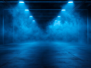 Poster - A dark, empty street with abstract blue asphalt serves as a backdrop for a studio room with neon lights, spotlights, and smoke, creating an interior texture for product displays