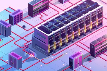 Poster - This setting features a modern data center filled with servers connected by vibrant cables, illustrating a high-tech environment for data processing.