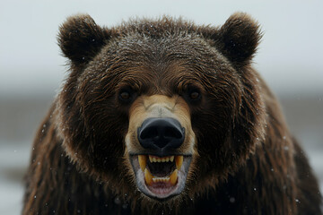 grizzly bear portrait, close-up, showing teeth, snowy background. powerful, intense stare.