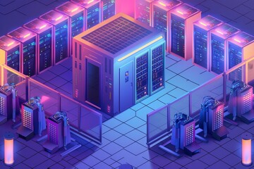 Poster - A sophisticated data center showcases numerous illuminated server racks and advanced computing equipment arranged in an organized layout, creating a high-tech atmosphere.