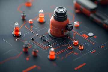 Poster - Immersive Holographic Pheromone Blueprint of Innovative Retro Futuristic Bio Lab Simulation featuring Sleek Metallic Prismatic Neon Tinged Technical Schematics and Stylized Digital Painting