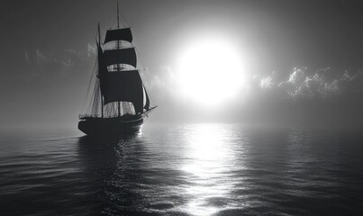 Canvas Print - Silhouetted sailing ship, calm sea, bright sun.