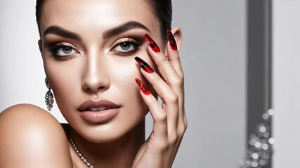 Wall Mural - Close-up of beautiful woman face with makeup, hand with manicure