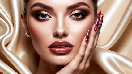 Wall Mural - Close-up of beautiful woman face with makeup, hand with manicure