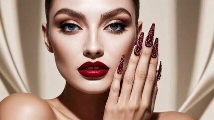 Wall Mural - Close-up of beautiful woman face with makeup, hand with manicure