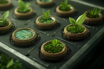Poster - Intricate Pheromone Communication and Holographic Displays in a Verdant Urban Oasis with Algorithmic Biotech Patterns Advanced Cybernetic Components and Rendering in a Solarpunk inspired