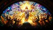 © CatholicPicture - The Resurrection portrayed in stunning stained glass, Jesus standing triumphant above the open tomb, his figure glowing with celestial light,