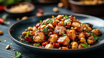 Wall Mural - A vibrant stir-fried dish featuring succulent chicken pieces, crunchy peanuts, colorful vegetables, and aromatic spices, served in an elegant black bowl for a delightful presentation.