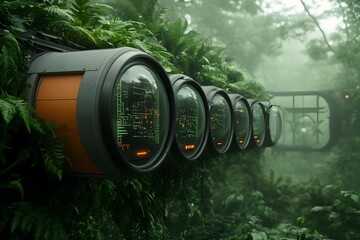 Poster - A futuristic Solarpunk inspired scene depicting intricate pheromone communication holographic displays and advanced algorithmic biotech patterns within a lush verdant urban oasis