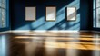 © Dulemegapixel - This image captures a spacious gallery featuring empty frames on a deep blue wall, sunlight casting dynamic shadows on the polished wooden floor, creating a serene atmosphere.