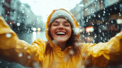 A cheerful woman wearing a bright yellow raincoat joyfully raises her arms in the rain, capturing the essence of happiness and freedom amidst a downpour in an urban setting.