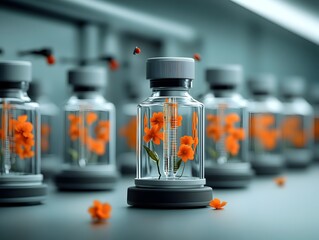 Poster - Captivating Pheromone Research Facility with Delicate Glass Vials Alluring Floral and Musky Essences and Rows of Advanced Spectrometers Meticulously Measuring Readings in a Retrofuturistic