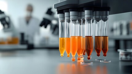Poster - Pheromone research laboratory with test tubes filled with vibrant chemical solutions scientists in sterile white coats observing reaction samples