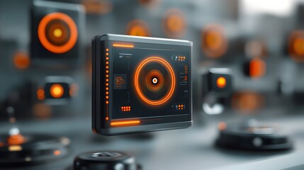 Fototapete - Pheromone Visualization Hub featuring advanced holographic technology floating neon holograms and a sleek metallic cyberpunk inspired environment  industrial sci fi setting