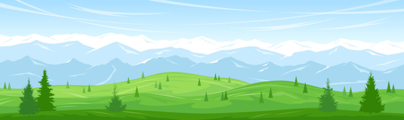 Wall Mural - panoramic view of the green valley and high mountains. summer natural landscape. hills and meadows w