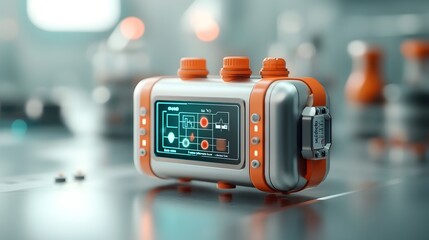 Poster - Cutting Edge Pheromone Sensor with Sleek Metallic Holographic Display Interface   Futuristic Laboratory Setting with Glowing Neon Accents and Digital Readouts