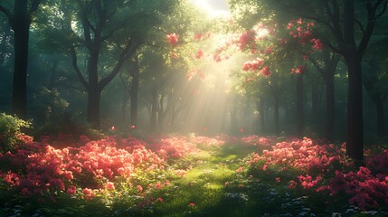 Wall Mural - Sunbeams illuminate a magical forest path lined with vibrant azaleas and lush greenery.