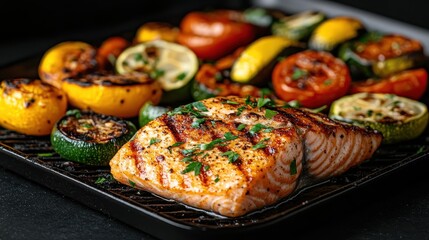 Wall Mural - This vibrant image showcases perfectly grilled salmon fillets alongside a colorful assortment of grilled vegetables, enticing for any culinary enthusiast or food lover.