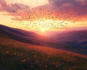 Poster - Sunset over rolling hills, flock of birds flying above vibrant wildflowers.