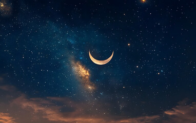 Wall Mural - a beautiful night sky with stars and a crescent moon, symbolizing the beginning of ramadan in islami