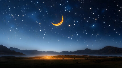 Wall Mural - a serene night sky filled with twinkling stars and a crescent moon, symbolizing the beginning of the