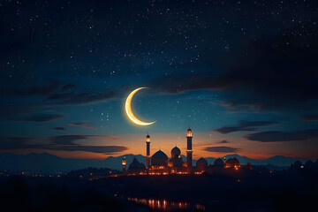 Wall Mural - night sky with a crescent moon signaling the start of ramadan