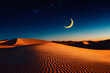 © john - A crescent moon and star shining over a peaceful desert scene, symbolizing the start of Ramadan under a clear night sky