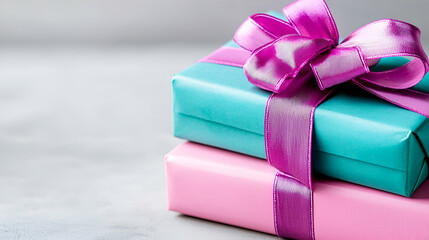 Poster - Two beautifully wrapped presents in turquoise and pink with vibrant ribbons, set against a soft, blurred background.