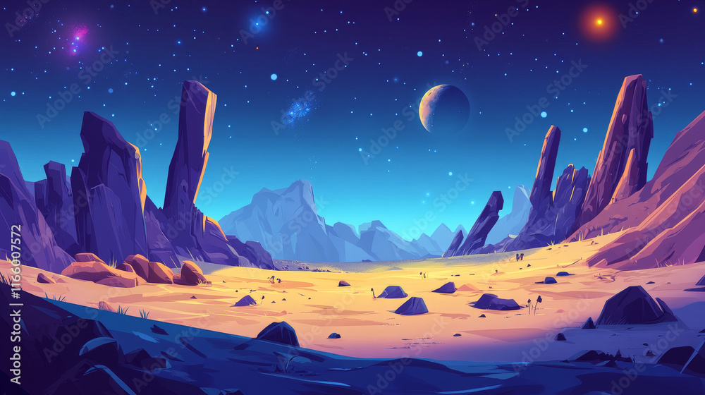 Dark night blue alien planet surface with desert and rock cliff ...