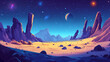 © Sahraya - Dark night blue alien planet surface with desert and rock cliff mountains. Cartoon vector fiction outer space landscape with big stones and celestial bodies in sky for game level background.