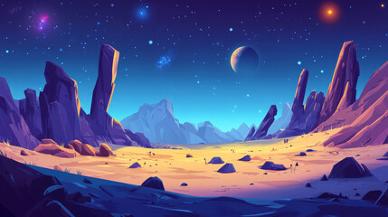 dark night blue alien planet surface with desert and rock cliff mountains. cartoon vector fiction ou