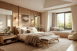 © f_bossa - A photo of minimalistic bedroom interior design: A bedroom with a large bed and a window seat.