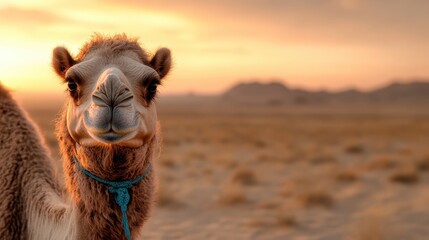 Wall Mural - a camel gazes towards the camera against a stunning sunset backdrop in the desert, capturing the bea