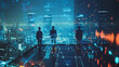 © Teeraphon - Abstract business team stands on the peak of success amid tall, innovative Smart city and graphs with statistics to analyze business potential and predict future developments in company growth.