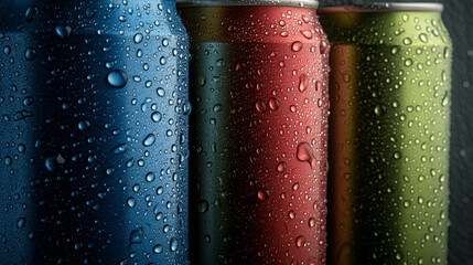 Wall Mural - Aluminium cans with cold soda or beer and condensation water drops. Vector realistic mockup of blue, green and red metal tin cans for drink and beverage isolated on gray background