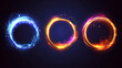 © Sahraya - Set of light effect circles isolated on transparent background. Vector realistic illustration of blue, orange, purple avatar frames with lightning strike, burning fire, magic power sparkles design