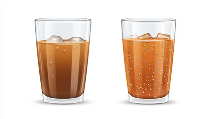 Wall Mural - Cola, ice coffee or tea in glass. Fizzy cold drink in clear cup with condensation drops. Vector realistic set of empty and full glass with brown beverage with ice cubes isolated on white background