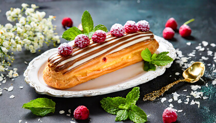 Poster - Close-up of a golden eclair filled with cream, garnished with raspberries and mint leaves, dusted with powdered sugar on a rustic table.