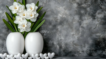 Poster - White flowers in elegant vases against a textured gray backdrop, complemented by small decorative hearts below, creating a serene and romantic atmosphere.